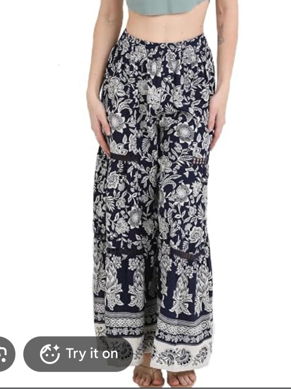 NWT! Wide Leg Floral Print Pants - Navy/White